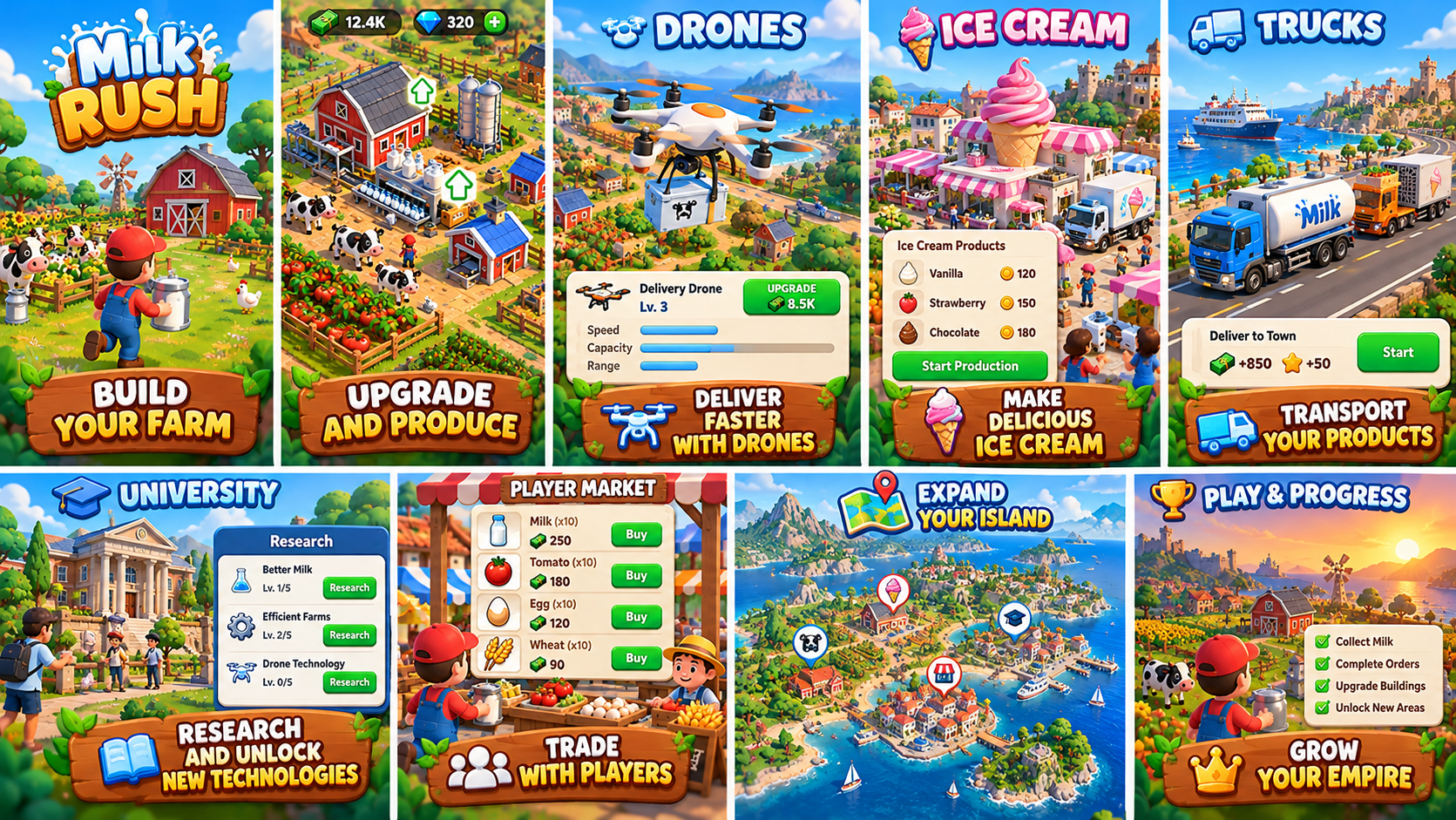 MilkyRush gameplay features including drones, ice cream, trucks, research and trading